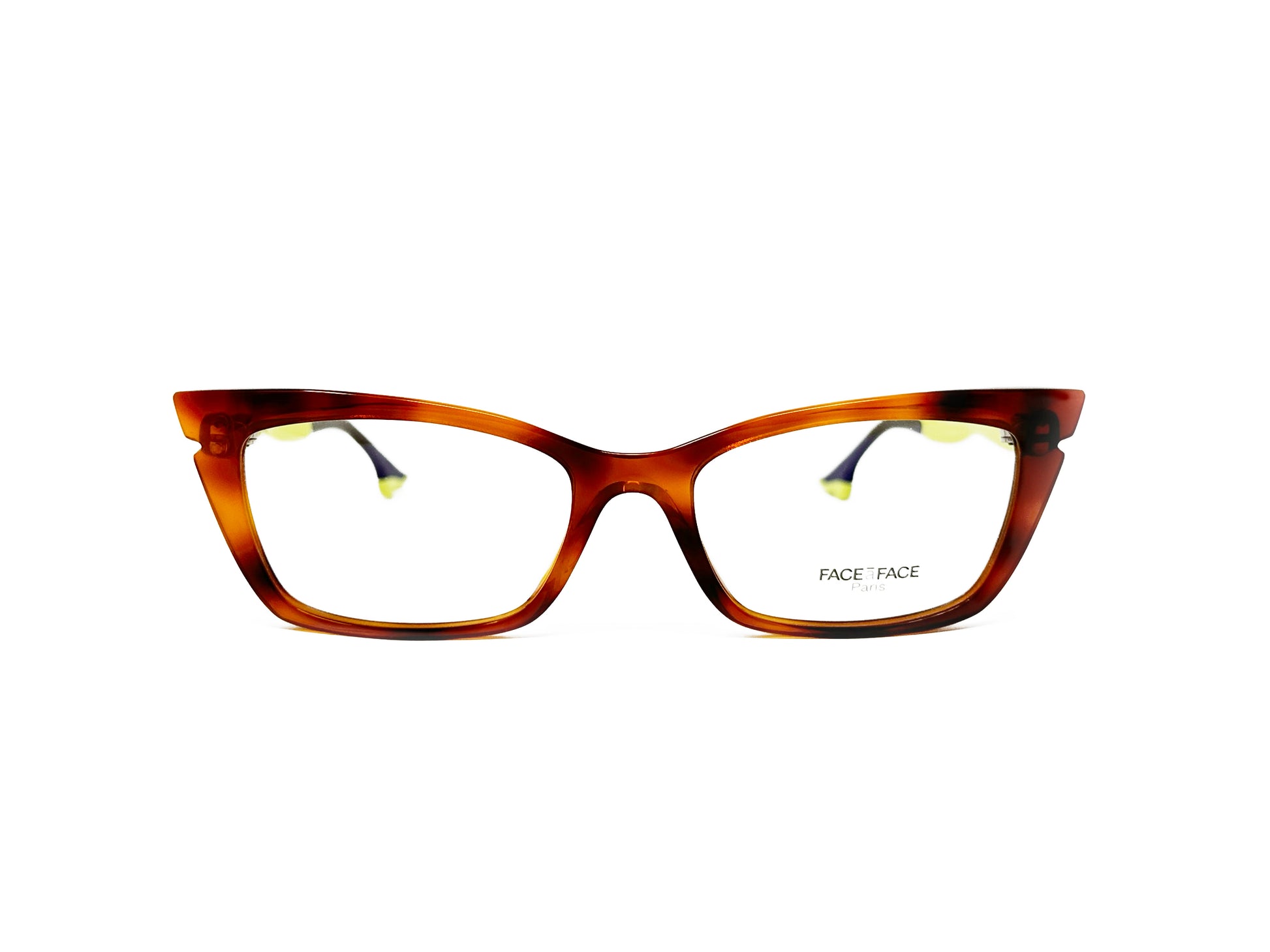 Face a Face rectangular, cat-eye, acetate optical frame with temples that look like legs wearing heels. Model: Sixties 2. Color: 053 - Tortoise with neon yellow legs. Front view. 
