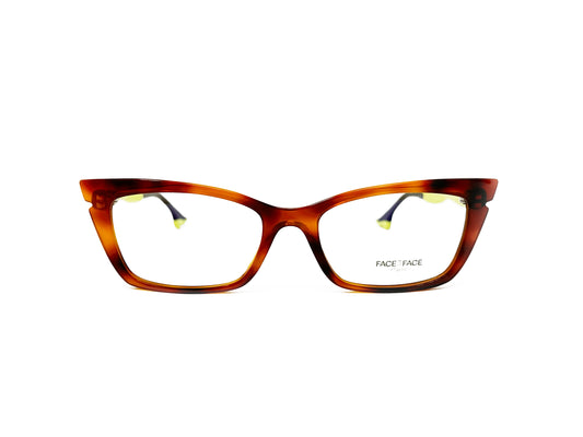 Face a Face rectangular, cat-eye, acetate optical frame with temples that look like legs wearing heels. Model: Sixties 2. Color: 053 - Tortoise with neon yellow legs. Front view. 