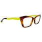 Face a Face rectangular, cat-eye, acetate optical frame with temples that look like legs wearing heels. Model: Sixties 2. Color: 053 - Tortoise with neon yellow legs. Side angleview.