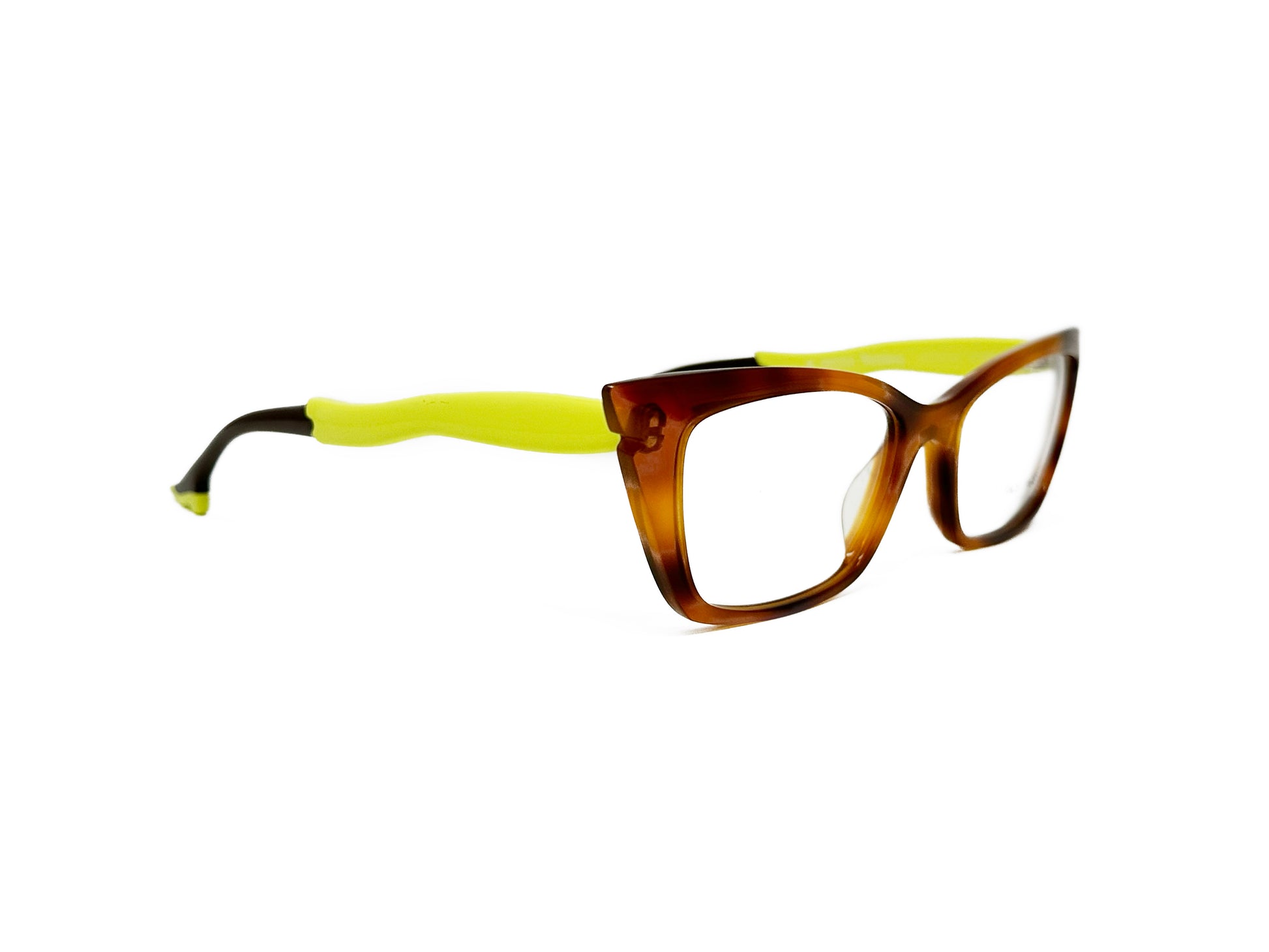 Face a Face rectangular, cat-eye, acetate optical frame with temples that look like legs wearing heels. Model: Sixties 2. Color: 053 - Tortoise with neon yellow legs. Side angleview.