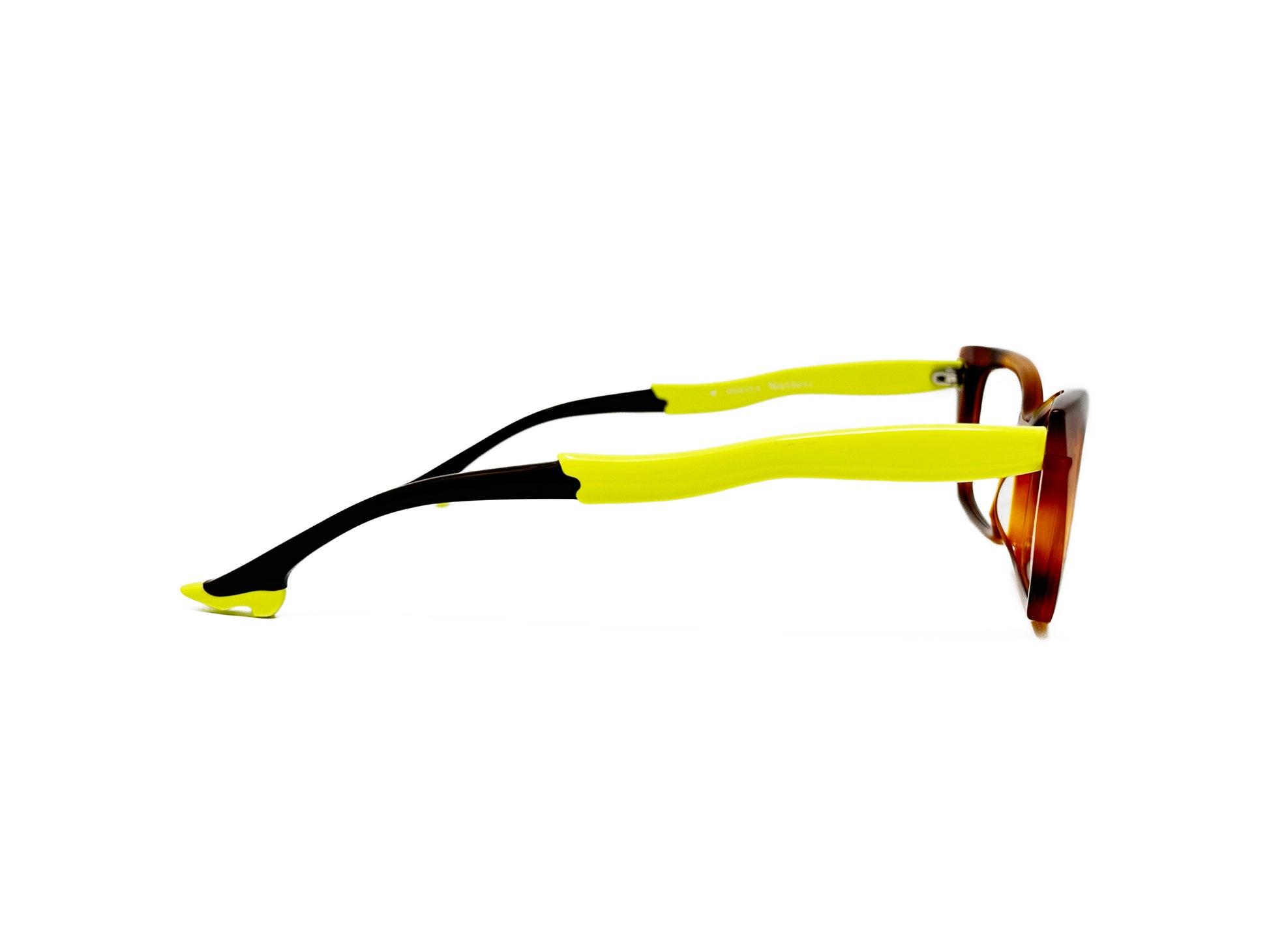 Face a Face rectangular, cat-eye, acetate optical frame with temples that look like legs wearing heels. Model: Sixties 2. Color: 053 - Tortoise with neon yellow legs. Side view.