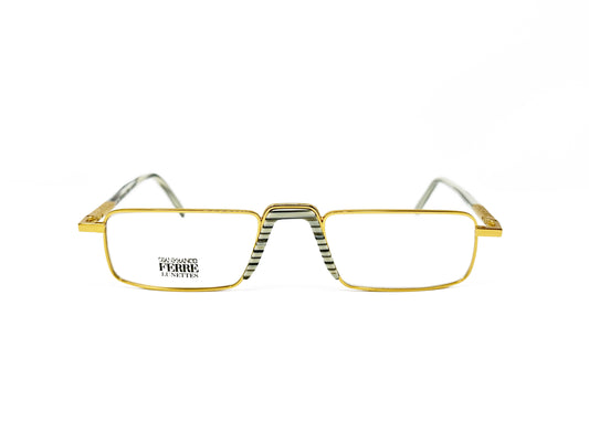 Ferre metal, low profile with raised bridge optical frame. Model: GFF362. Color: 032 - Gold metal with white/black striped nose piece. Front view. 