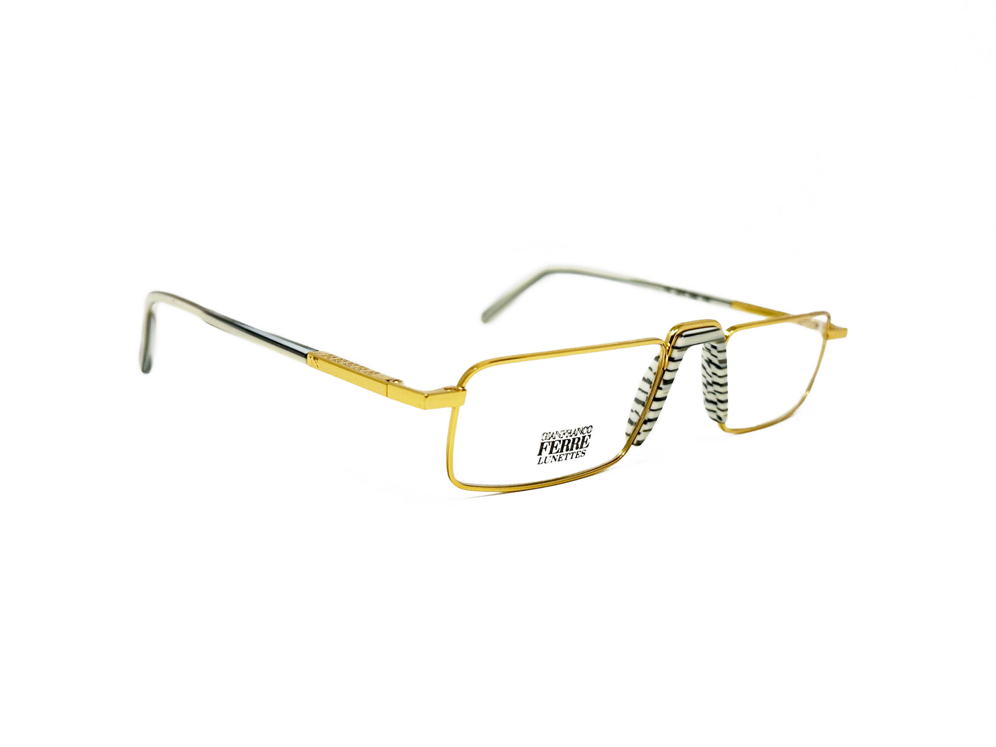 Ferre metal, low profile with raised bridge optical frame. Model: GFF362. Color: 032 - Gold metal with white/black striped nose piece. Side view.