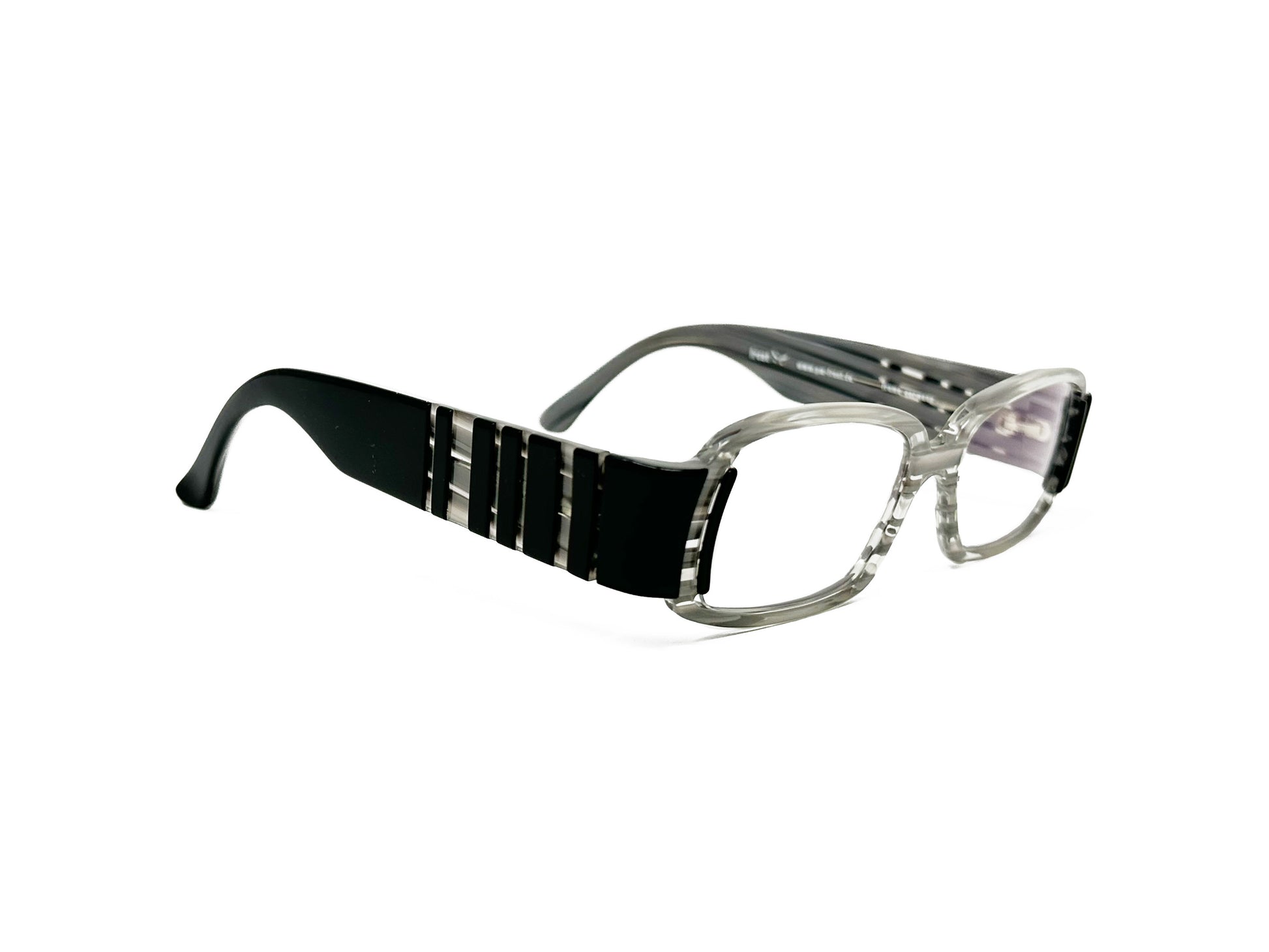 Frost rectangular acetate optical frame. Model: Canapé. Color: Grey with stripes. Side view.