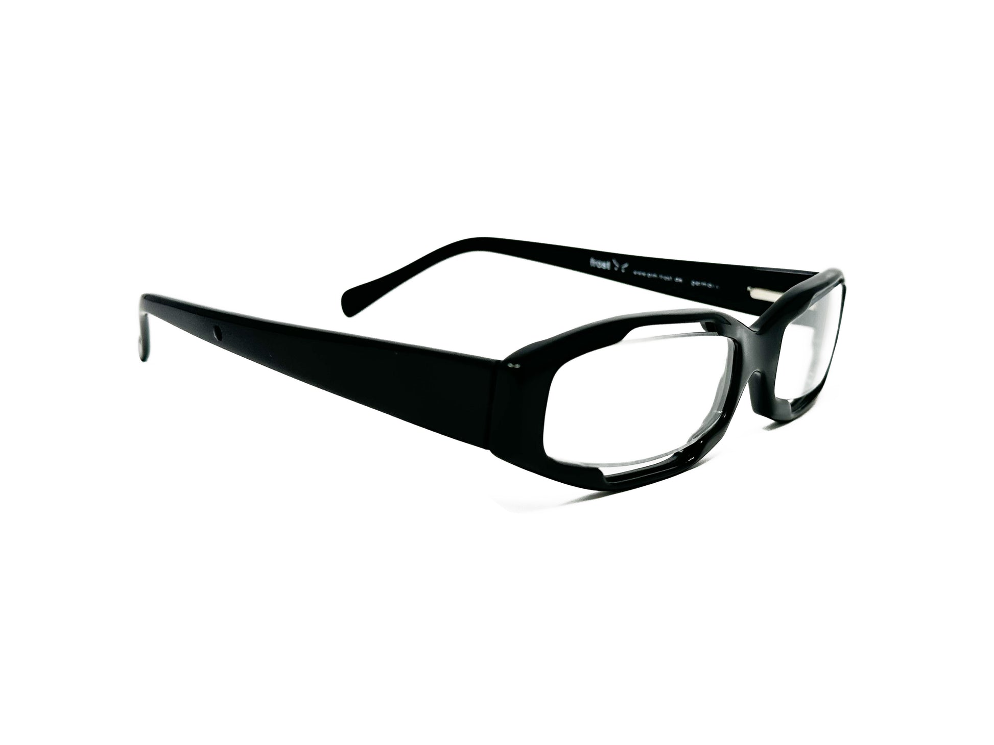 Frost rectangular with oval curves and cut-outs on top and bottom. Model: First Aid. Color: 01 - Black. Side view.