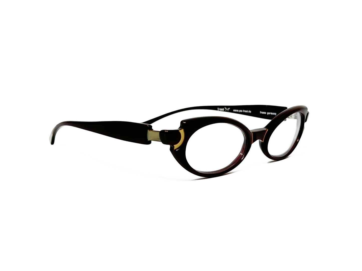 Frost rectangular cat-eye optical frame. Model: Koi. Color: 48 Dark brown. Side View.