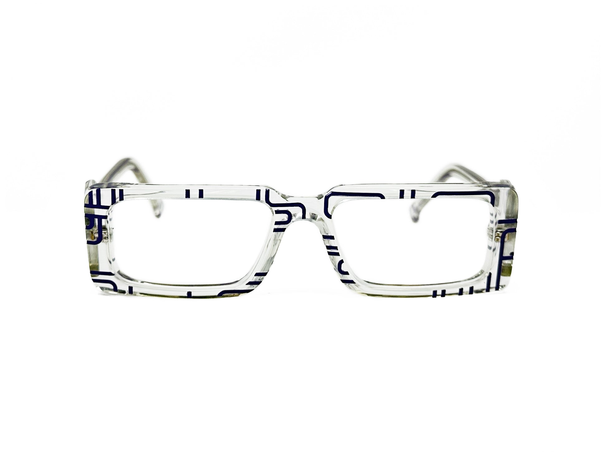 Frost rectangular, blocky-style, acetate optical frame. Model: Synapse. Color: C06 - Clear transparent with black line patterns. Front view. 