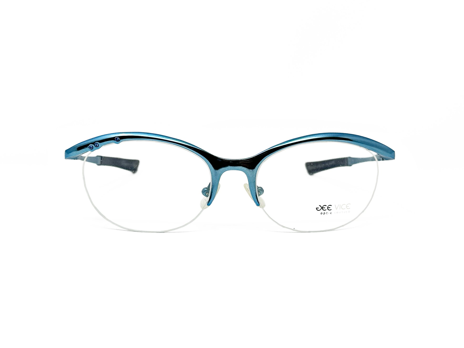 Gee Vice upliftwd-oval, half rim, metal, optical frame. Model: Fantasy. Color: Metallic icey blue. Front view. 
