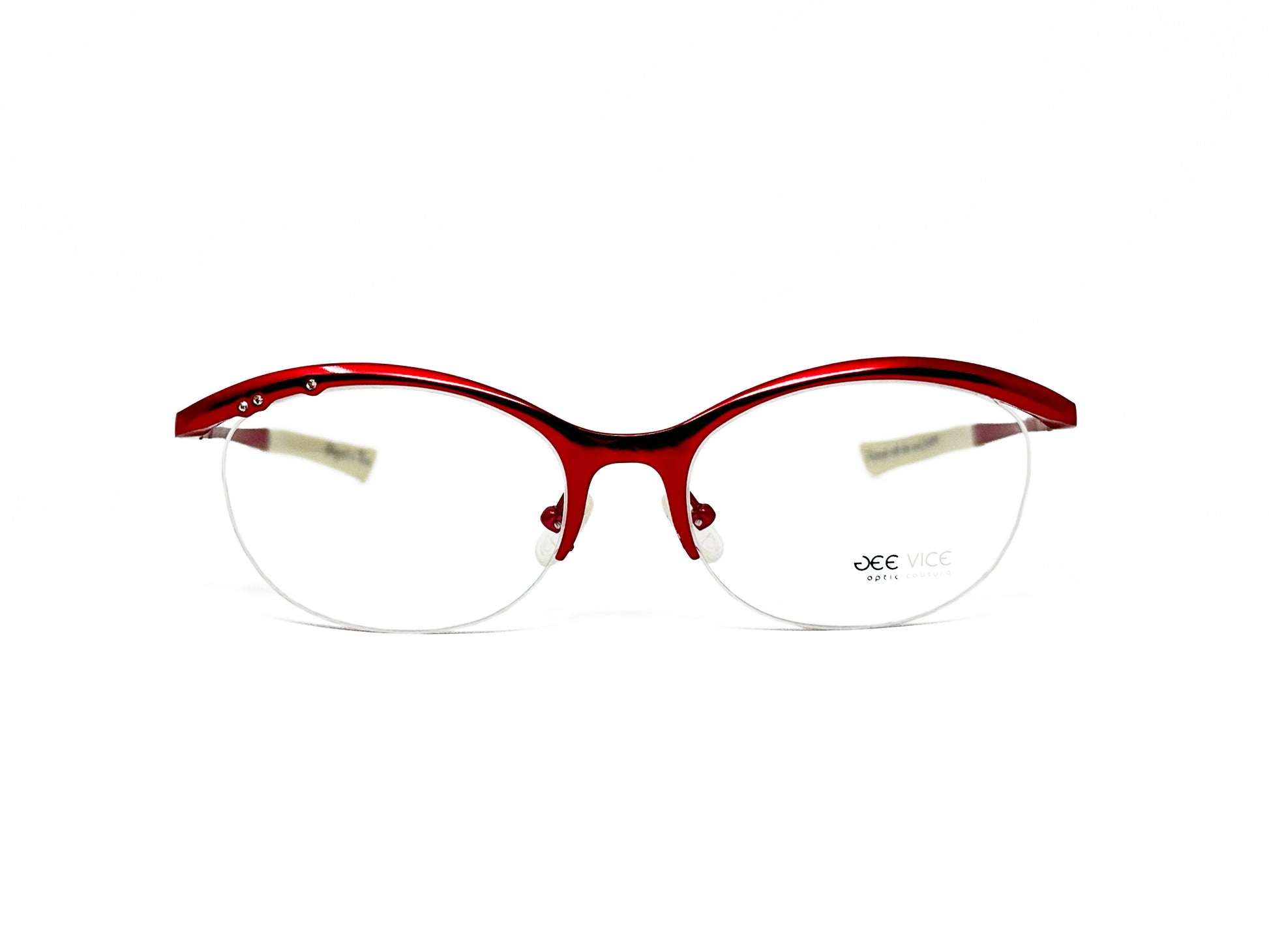 Gee Vice upliftwd-oval, half rim, metal, optical frame. Model: Fantasy. Color: Metallic red. Front view.