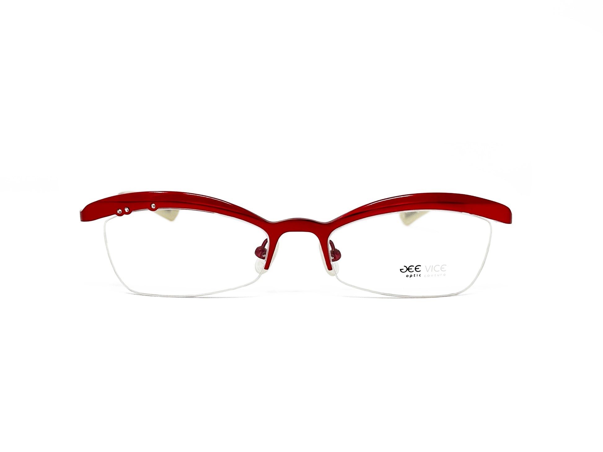 Gee Vice half-rim, rectangular with slight cat-eye, metal optical frame. Model: Angel Kiss. Color: Red. Front view. 