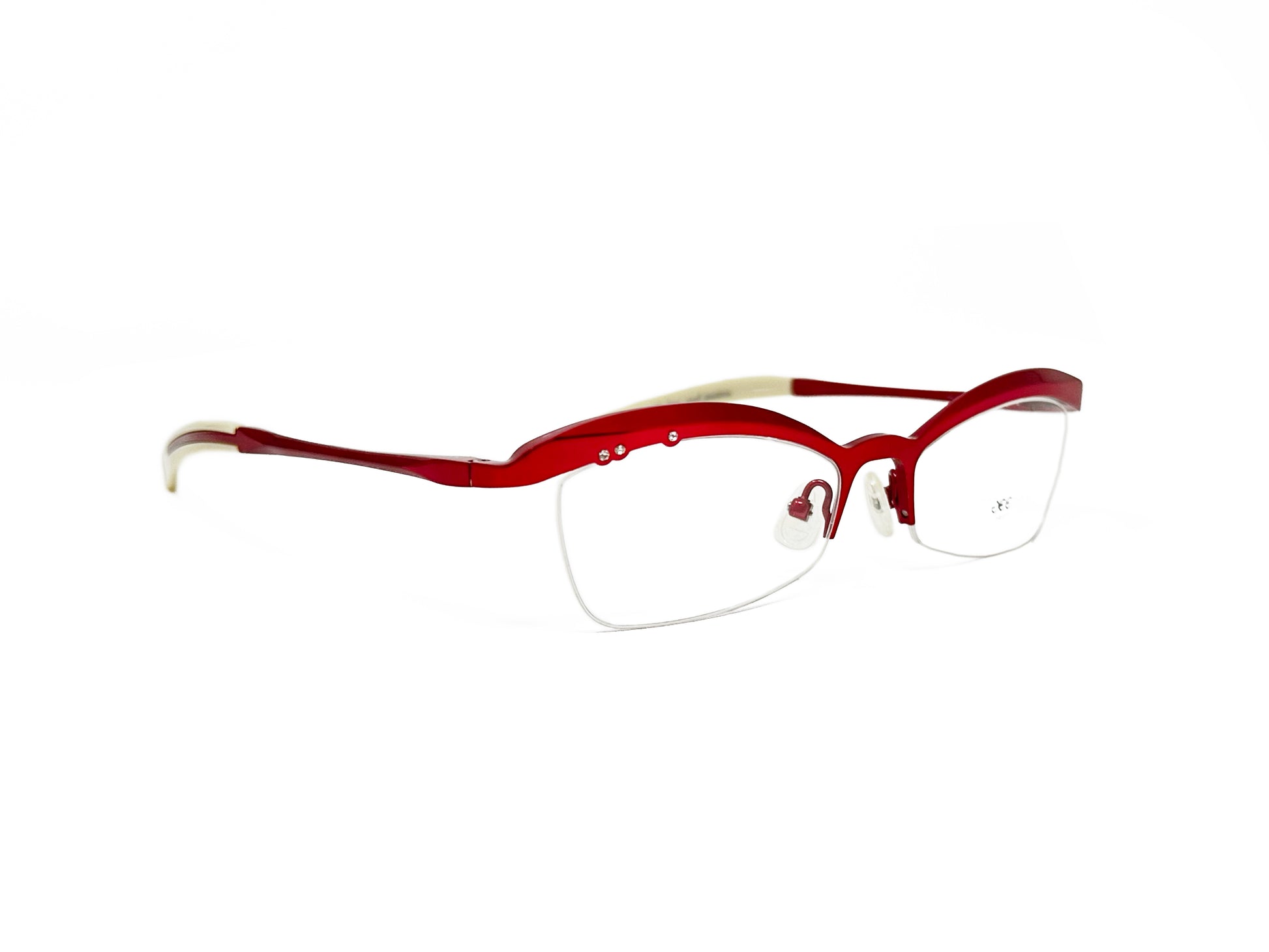 Gee Vice half-rim, rectangular with slight cat-eye, metal optical frame. Model: Angel Kiss. Color: Red. Side view.