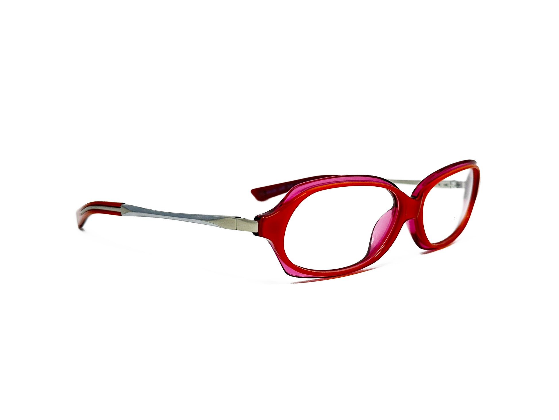 Gee Vice uplifted, curved, rectangular, optical frame with acetate front and metal temples. Model: Premiere. Color: Semi-transparent red. Side view.