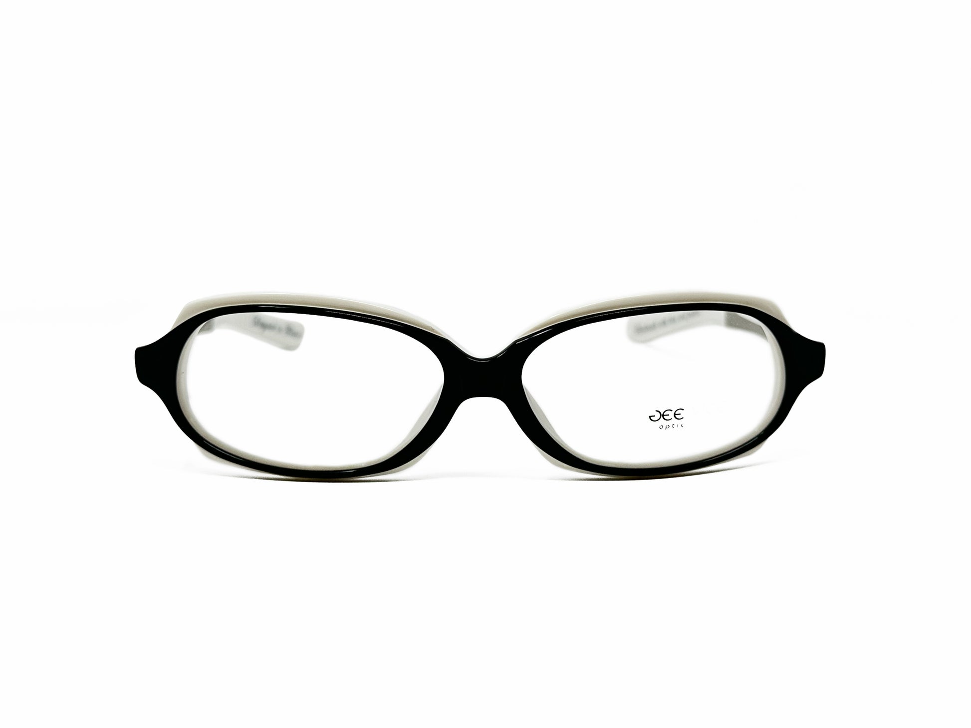 Gee Vice uplifted, curved, rectangular, optical frame with acetate front and metal temples. Model: Premiere. Color:Black with white trim. Front view.