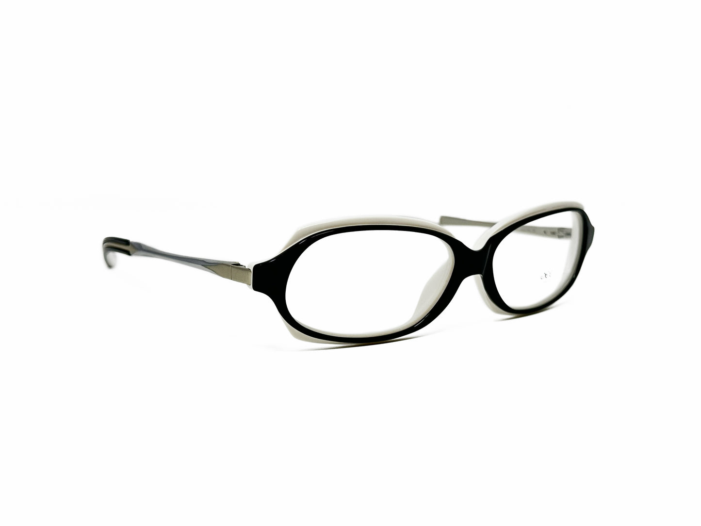 Gee Vice uplifted, curved, rectangular, optical frame with acetate front and metal temples. Model: Premiere. Color:Black with white trim. Side view.