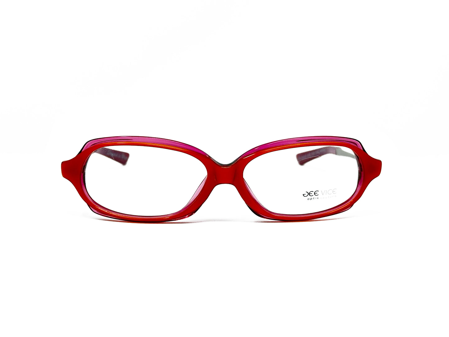 Gee Vice uplifted, curved, rectangular, optical frame with acetate front and metal temples. Model: Premiere. Color: Semi-transparent red. Front view. 