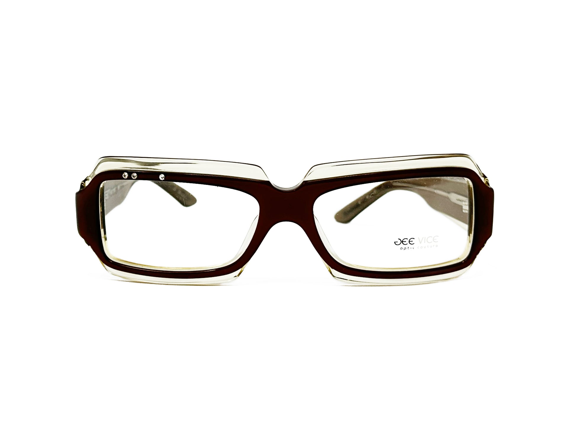 Gee vice rectangular, acetate, optical frame with transparent border. Model: Soiree. Color: Dark Brown and clear transparent. Front view. 