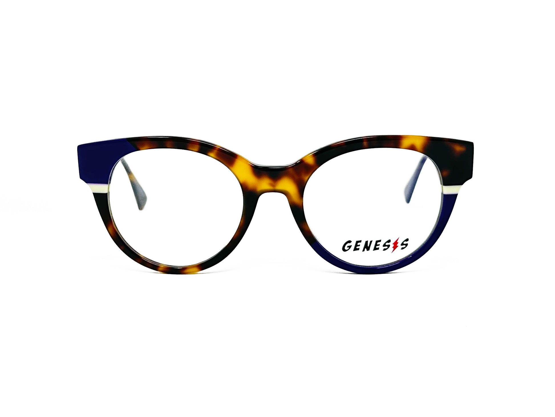Genesis round, acetate optical frame. Model: GV1523. Color: 3 - Tortoise with blue corner and white stripe. Front view. 