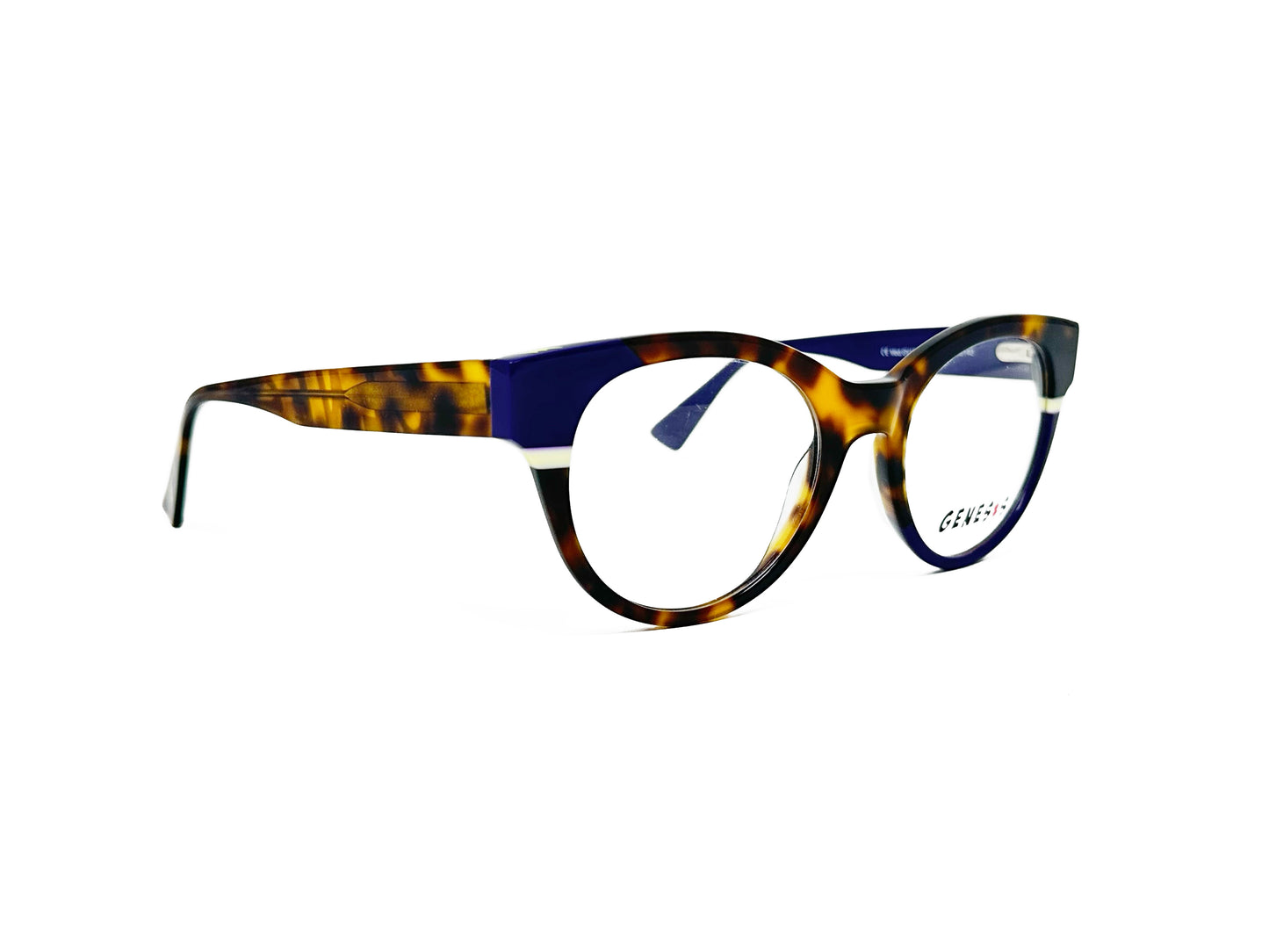 Genesis round, acetate optical frame. Model: GV1523. Color: 3 - Tortoise with blue corner and white stripe. Side view.