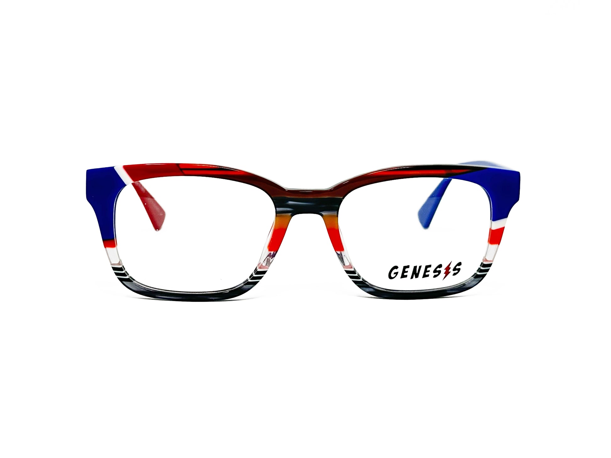 Genesis rectangular, acetate optical frame. Model: GV1524. Color: 6 - Red, blue, and transparent striping. Front view. 