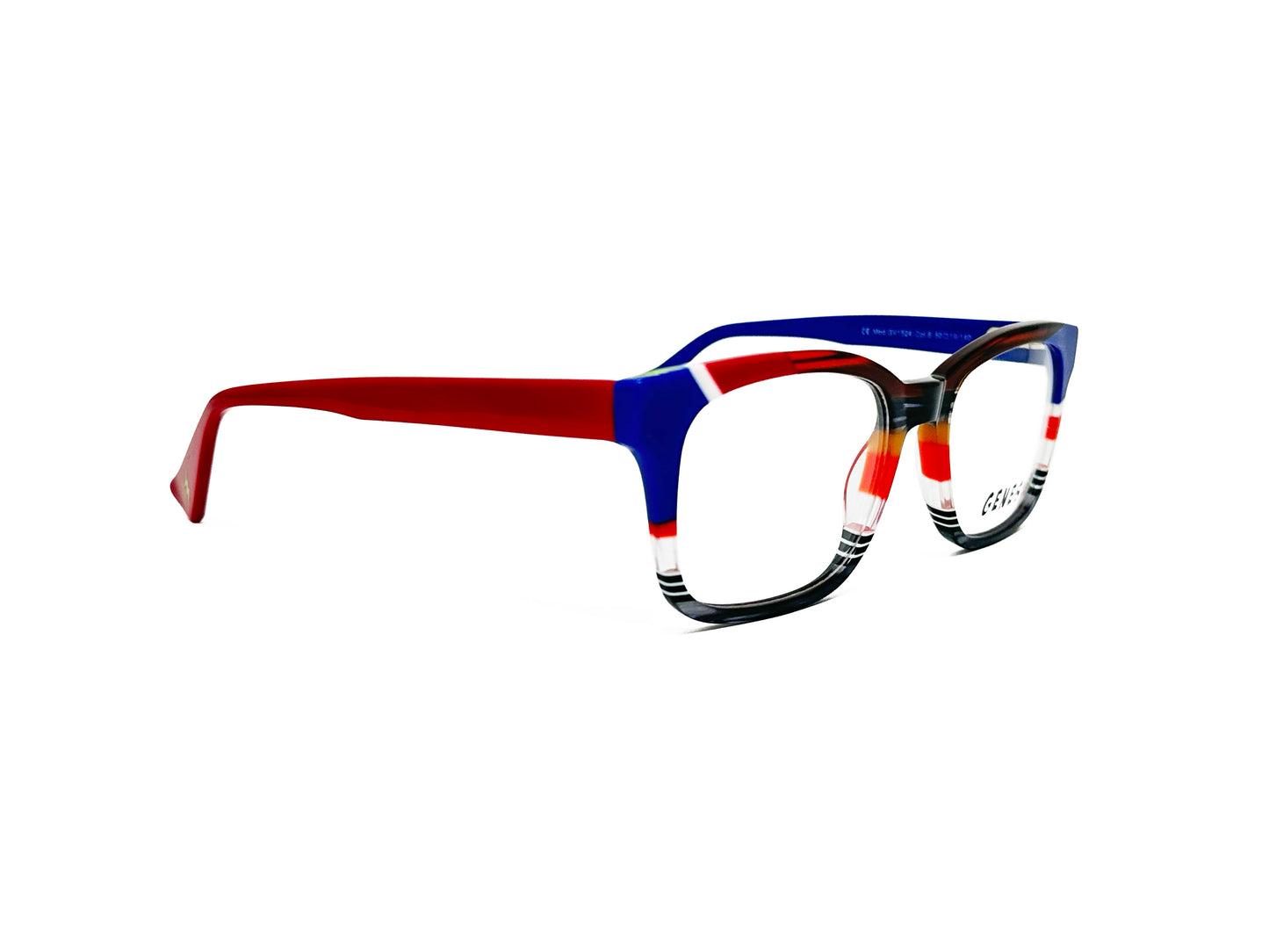 Genesis rectangular, acetate optical frame. Model: GV1524. Color: 6 - Red, blue, and transparent striping. Side view.