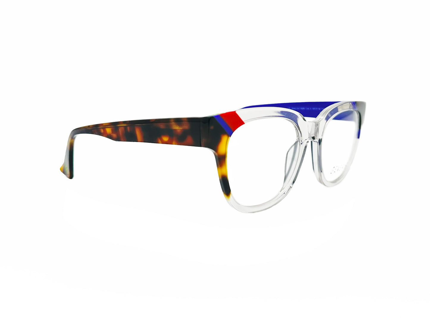 Genesis rounded-square, acetate optical frame. Model: GV1525. Color: 3 - Clear transparent with tortoise, blue and red striped corners. . Side view.