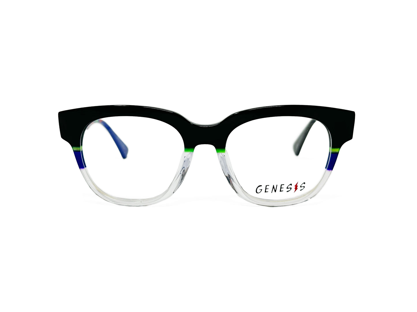 Genesis rounded-square, acetate optical frame. Model: GV1525. Color: Black top with neon green and blue stipe to clear transparent bottom. Front view. 