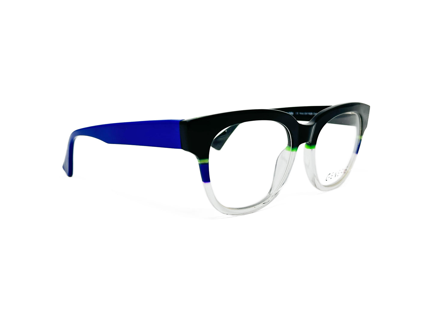 Genesis rounded-square, acetate optical frame. Model: GV1525. Color: Black top with neon green and blue stipe to clear transparent bottom. Side view.