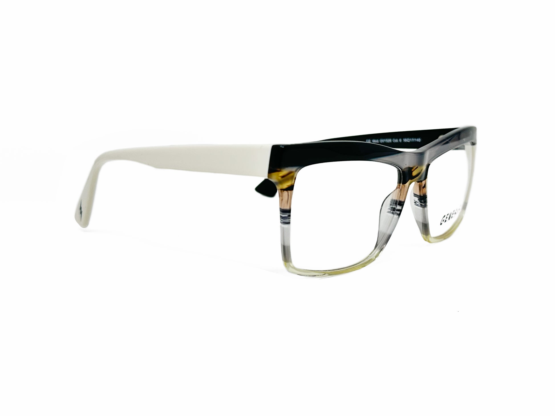Genesis rectangular with an upward swoop at top of frame, made of acetate. Model: GV1526. Color: 6 - Grey, semi-transparent with yellow tint in middle. Side view.