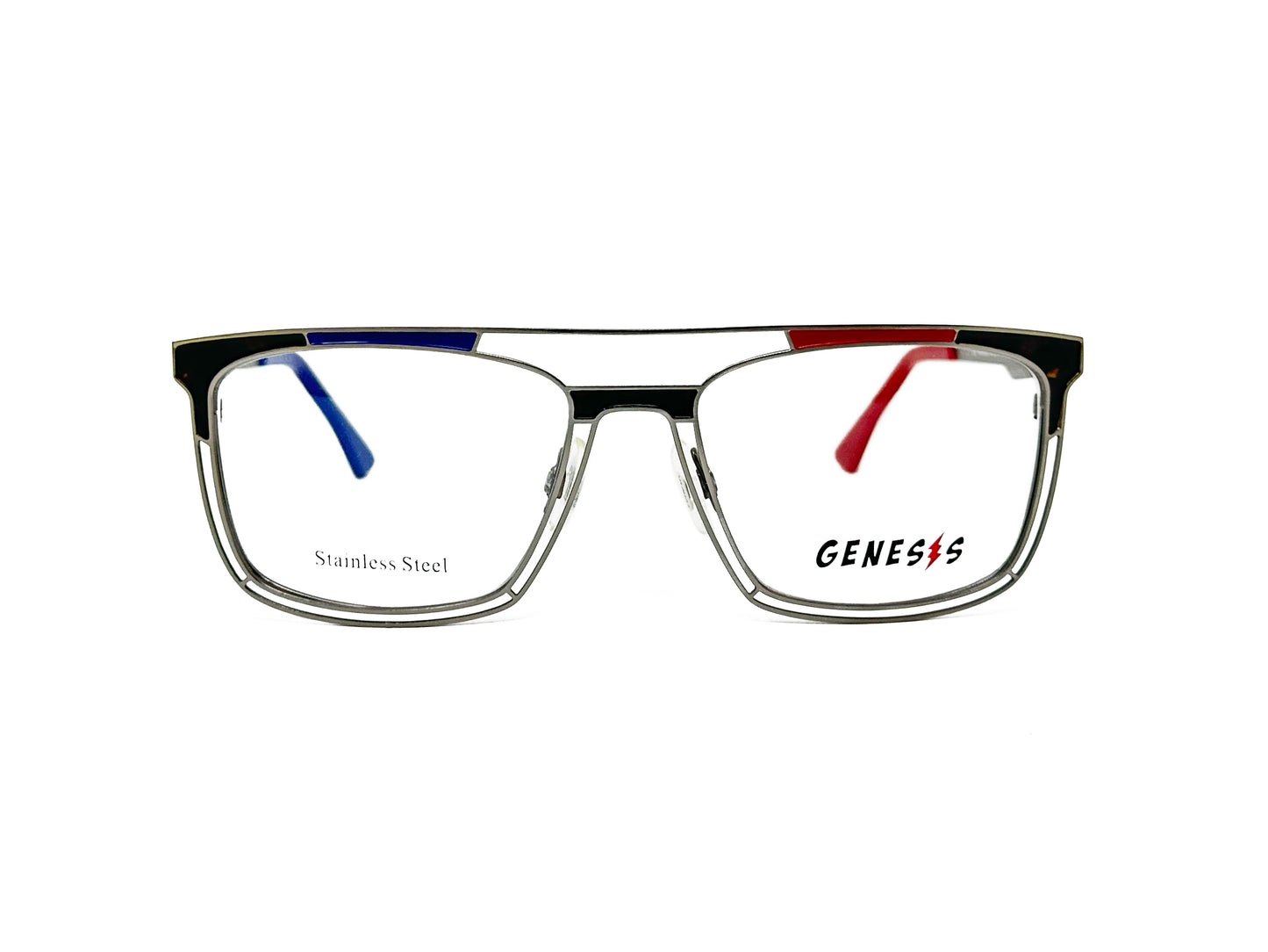 Genesis rectangular, metal optical frame with bar across top and colored accents. Model: GV1530. Color: 2 - Silver metal with black, red, and blue accents. Front view. 