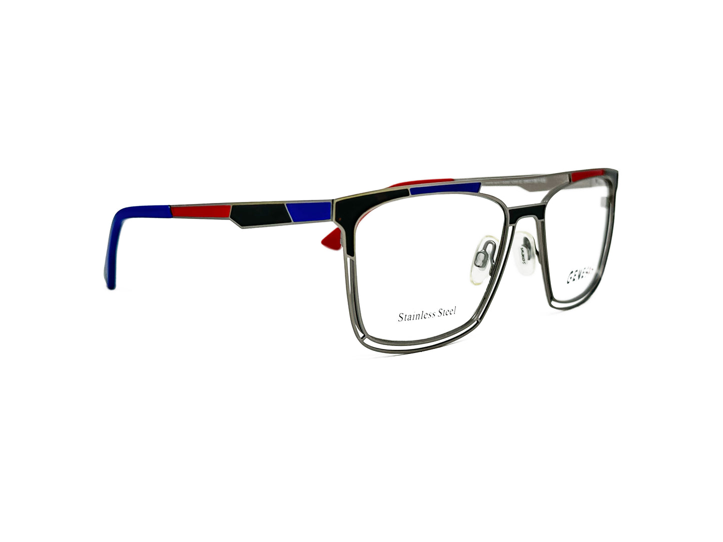 Genesis rectangular, metal optical frame with bar across top and colored accents. Model: GV1530. Color: 2 - Silver metal with black, red, and blue accents. Side view.