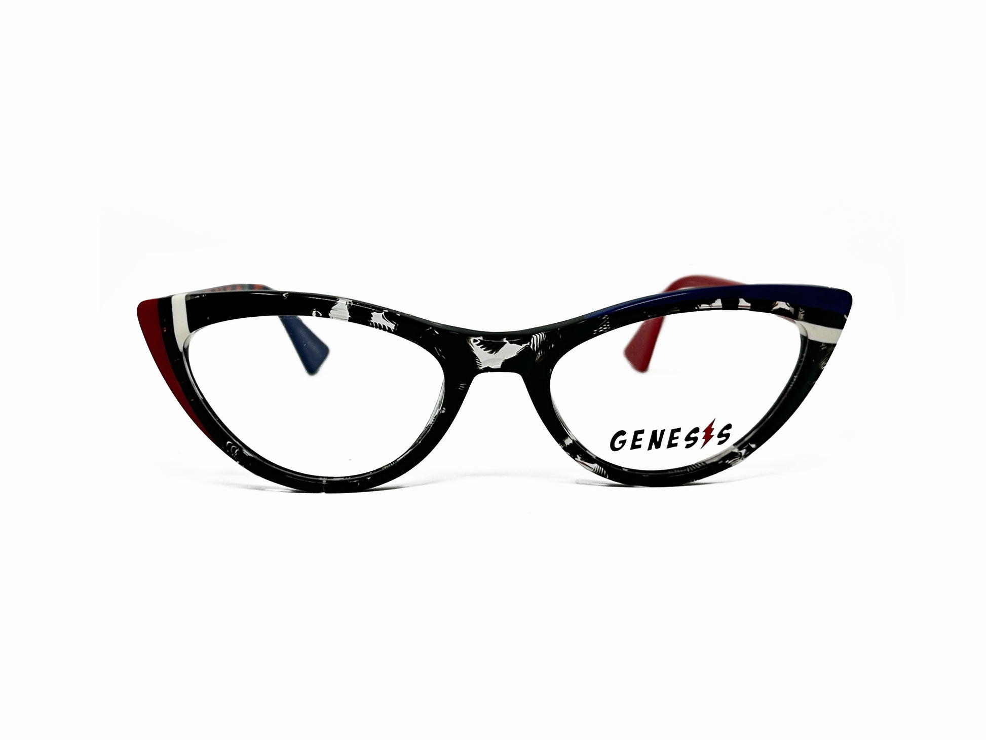 Genesis narrow, cat-eye, acetate optical frame. Model: GV1535. Color: 3 - Black with transparent pattern and red and white stripes on corner of frame. Front view. 