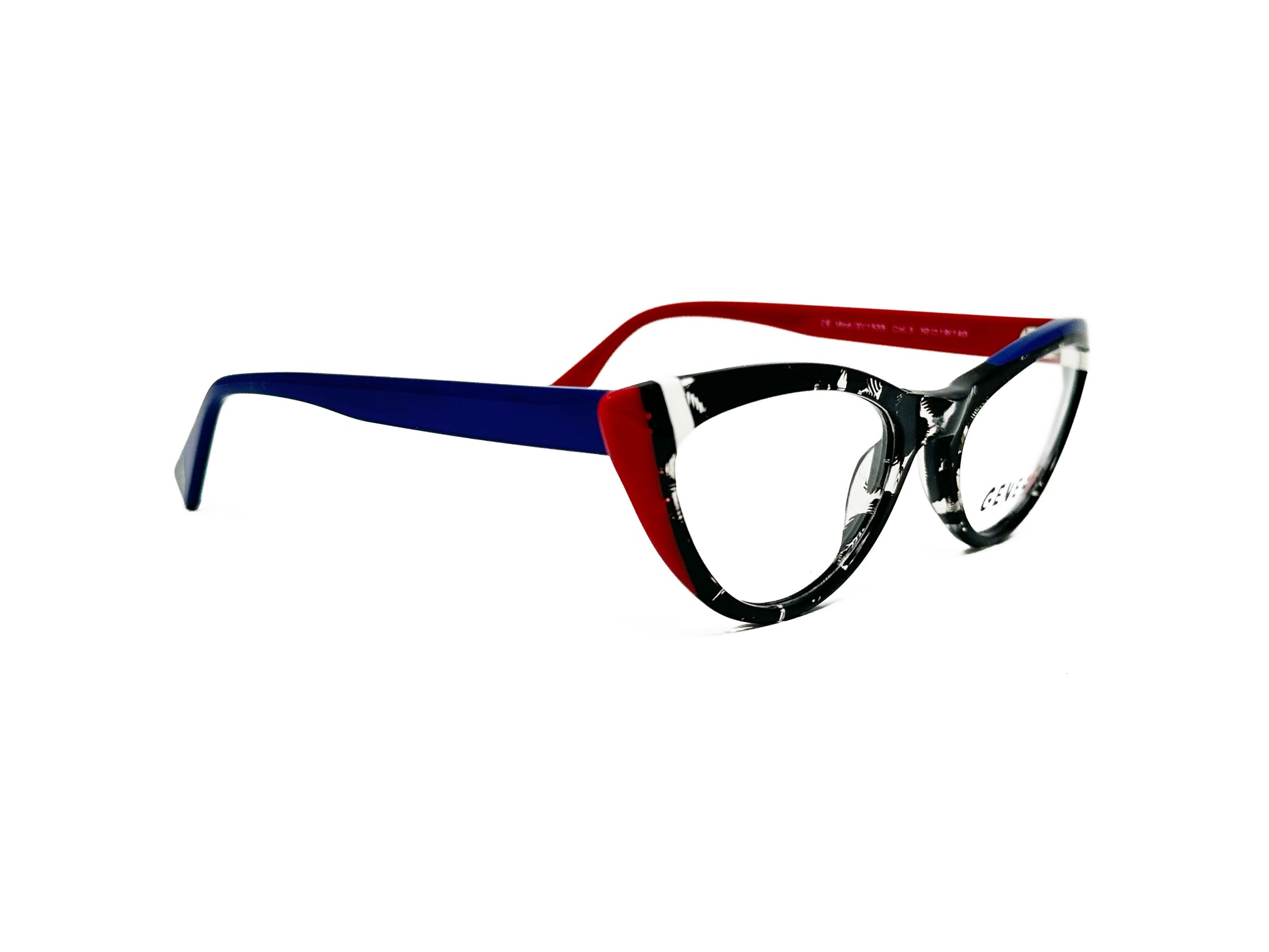 Genesis narrow, cat-eye, acetate optical frame. Model: GV1535. Color: 3 - Black with transparent pattern and red and white stripes on corner of frame. Blue temples.SIde view.