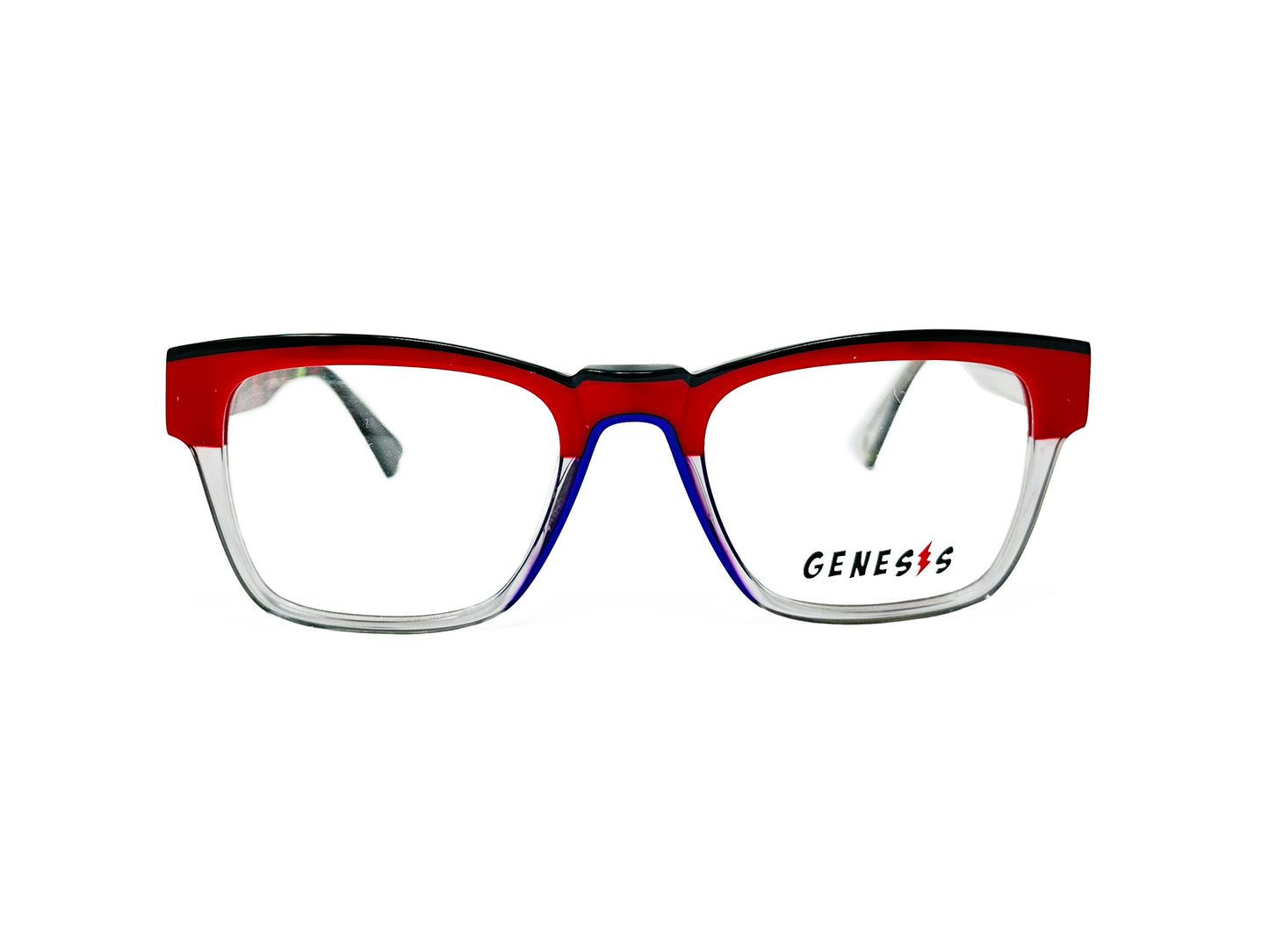 Genesis square, acetate optical frames with a raised bridge. Model: GV1536. Color: 6 - Red with black lining on top and clear transparent on bottom with blue lining along bridge. Front view. 