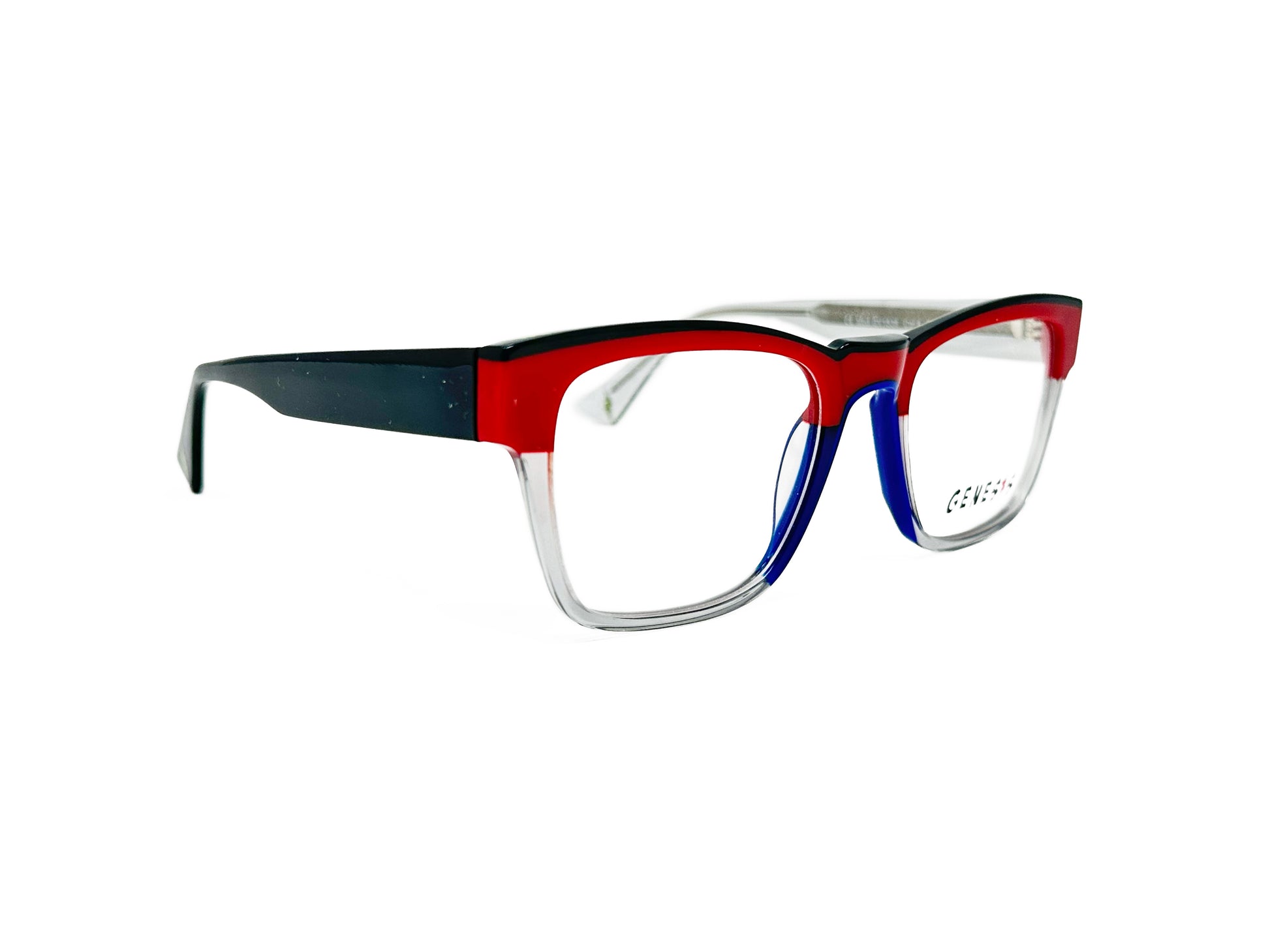 Genesis square, acetate optical frames with a raised bridge. Model: GV1536. Color: 6 - Red with black lining on top and clear transparent on bottom with blue lining along bridge. Side view.