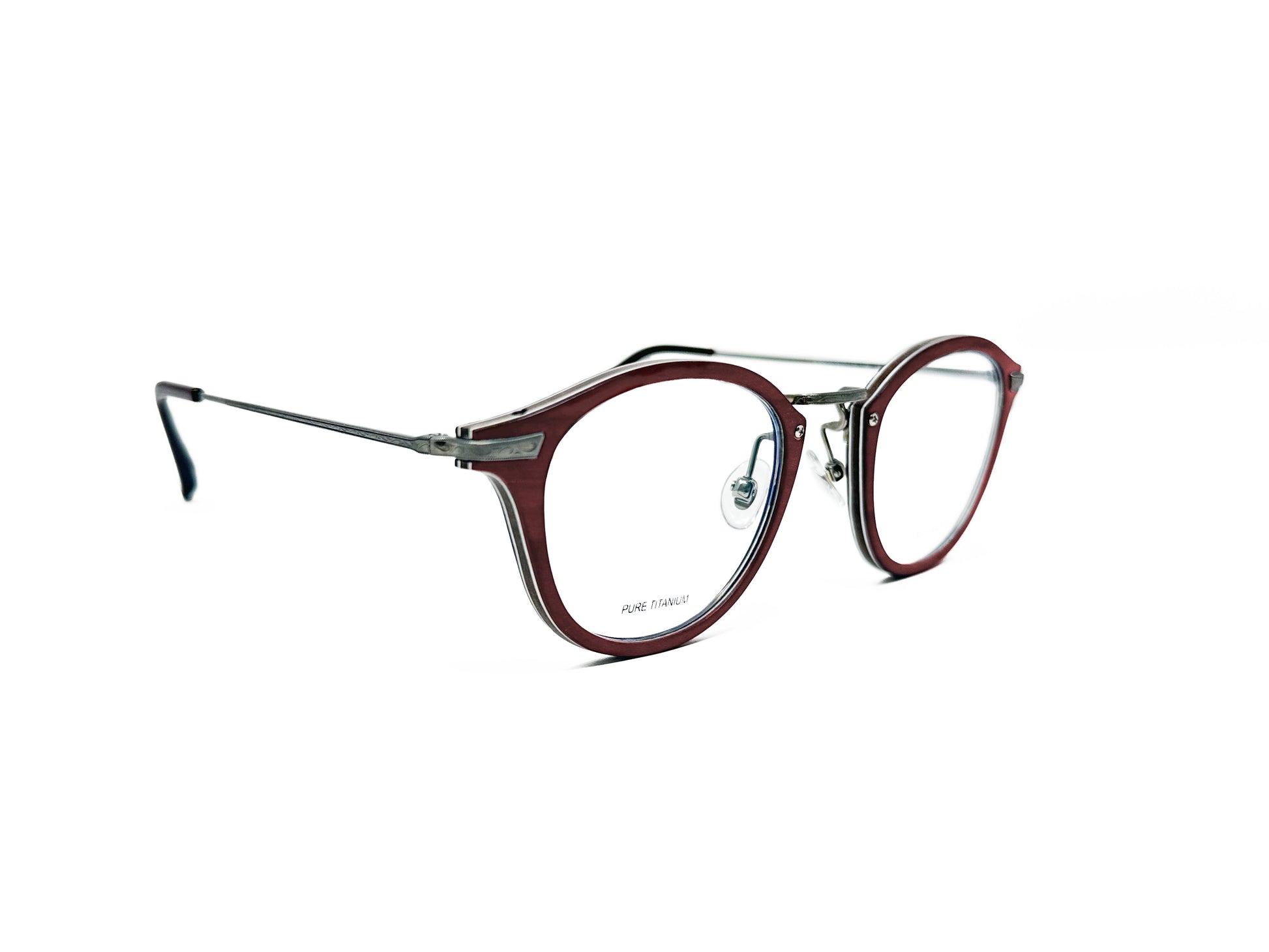 Gold & Wood round optical frame made from wood with metal bridge. Model: Bora. Color: 02.04 - Deep Burgundy with silver metal accents. Side view. 