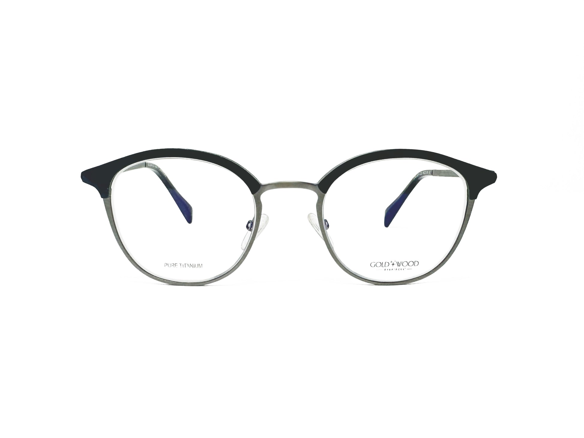 Gold & Wood round, titanium, optical frame. Model: Chelsea. Color: 02.01 : Silver with black trim. Front view. 