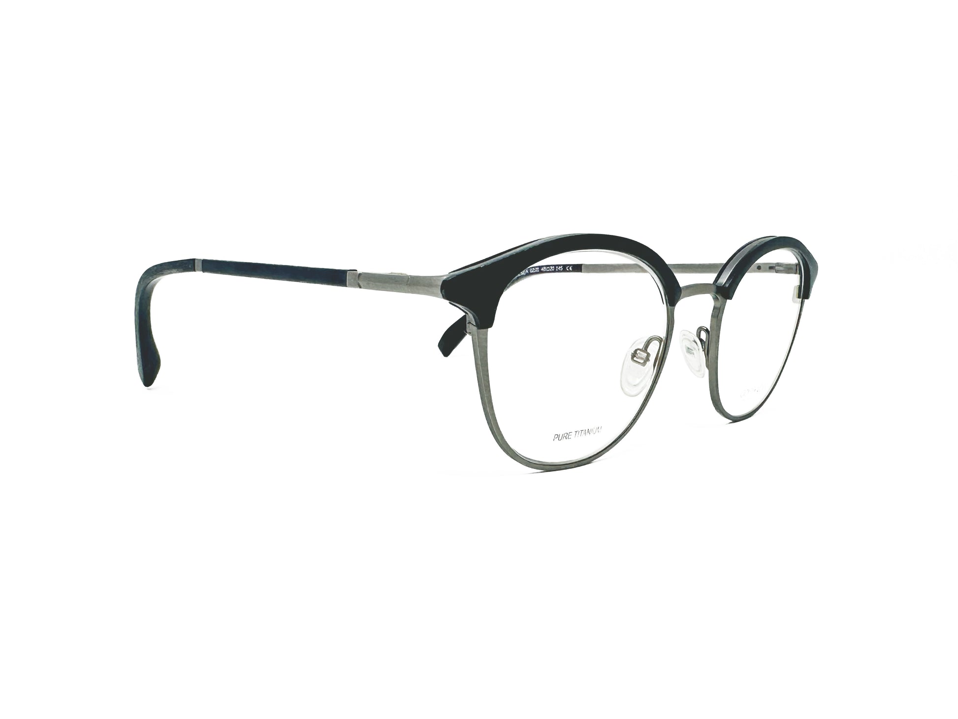 Gold & Wood round, titanium, optical frame. Model: Chelsea. Color: 02.01 : Silver with black trim. Side view.