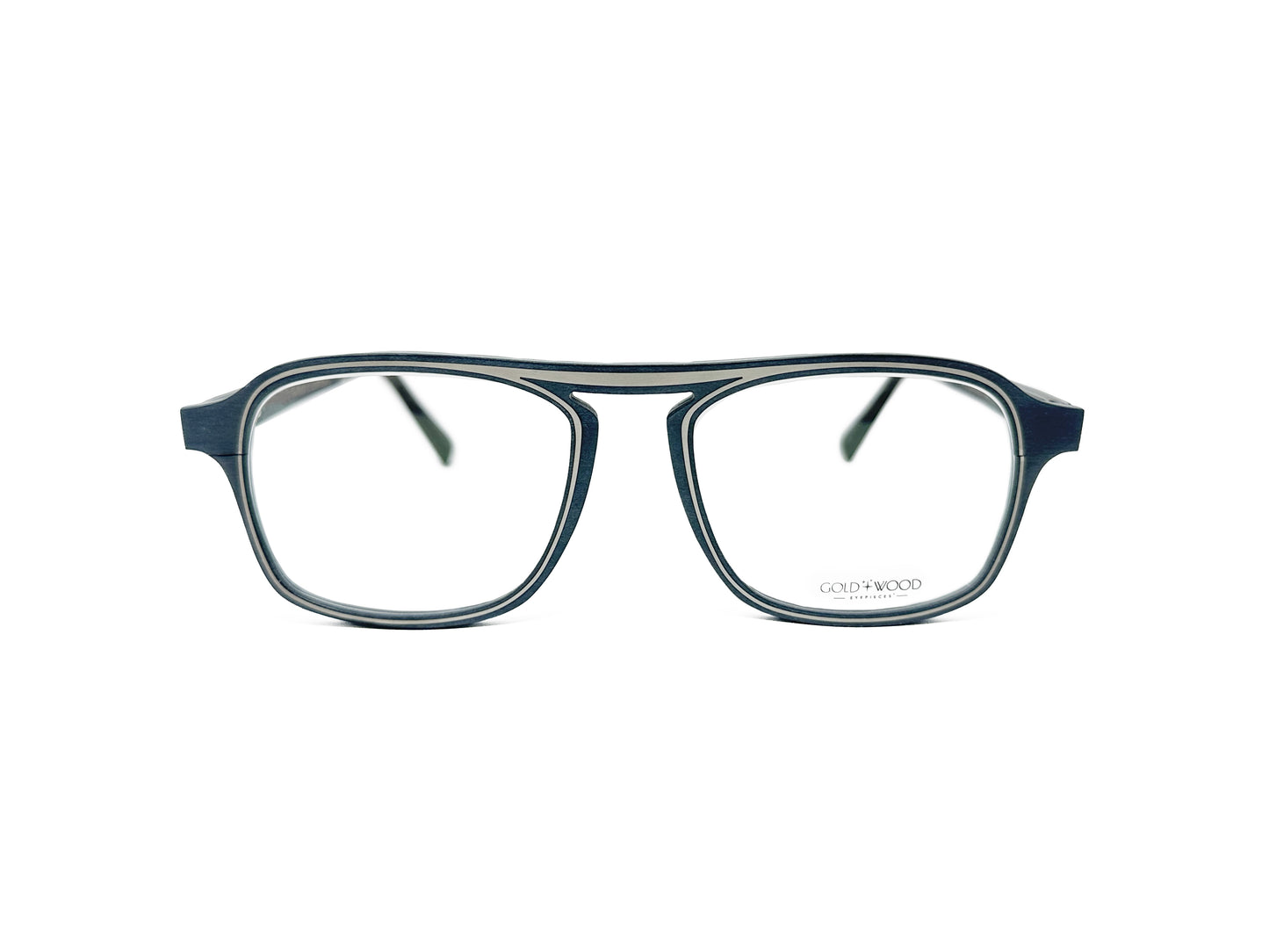 Gold & Wood aviator style optical frame, made from wood. Model: Eris. Color: 01.61 - Dark navy blue with grey trim. Front view. 