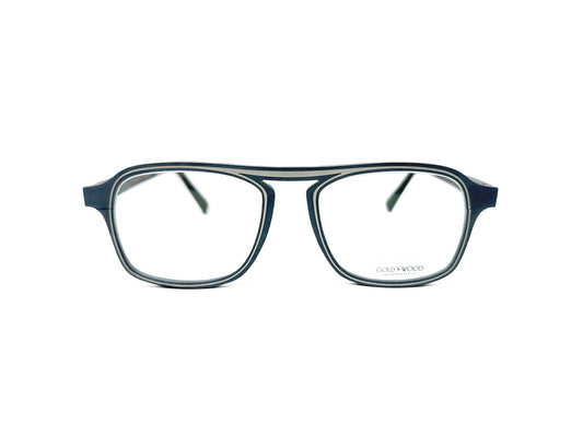 Gold & Wood aviator style optical frame, made from wood. Model: Eris. Color: 01.61 - Dark navy blue with grey trim. Front view. 