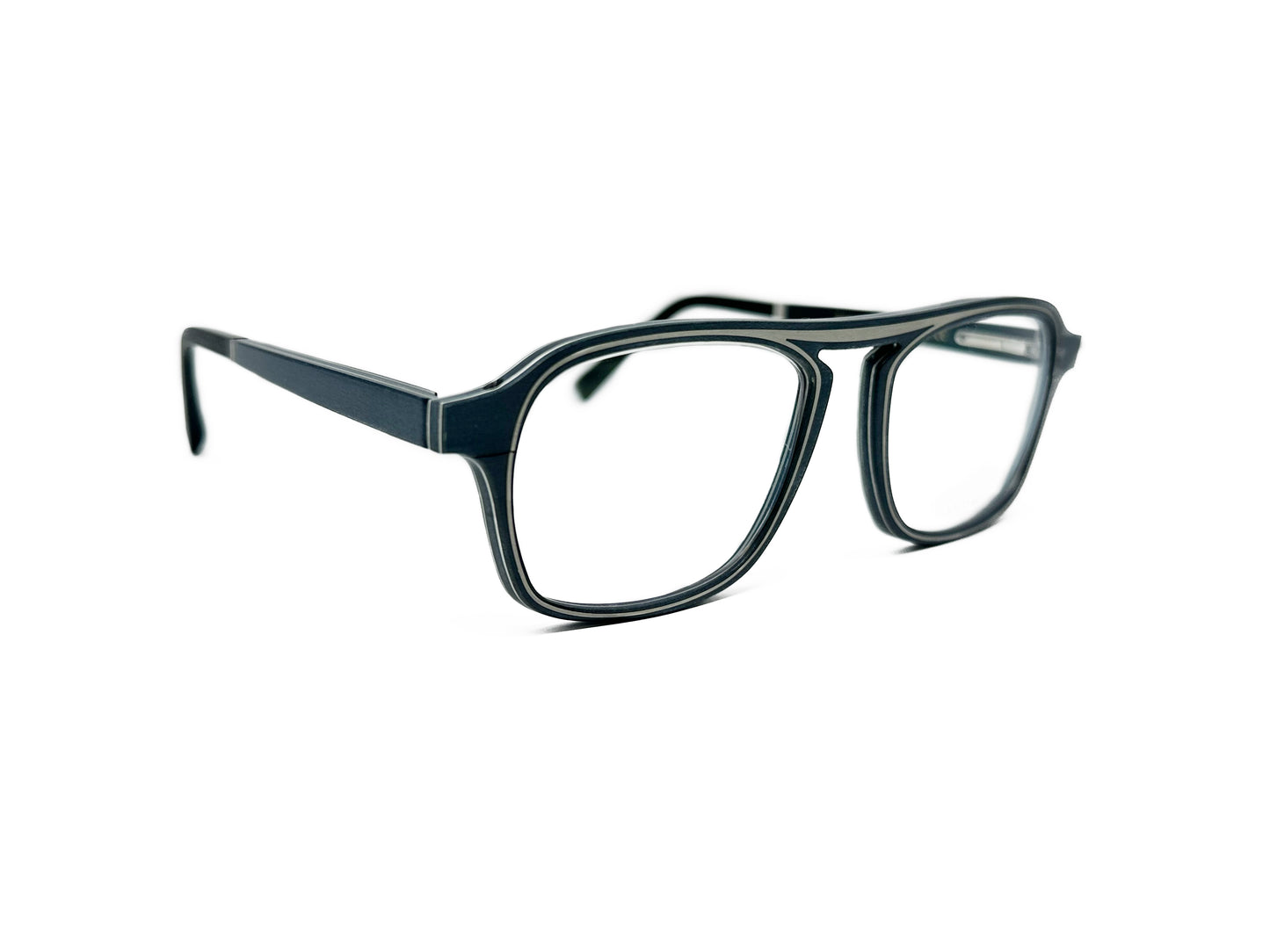 Gold & Wood aviator style optical frame, made from wood. Model: Eris. Color: 01.61 - Dark navy blue with grey trim. Side view.