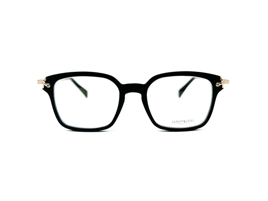 Gold & Wood square optical frame, made from rare wood. Model: Kepler. Color: 01.03 - Black with gold metal. Front view. 