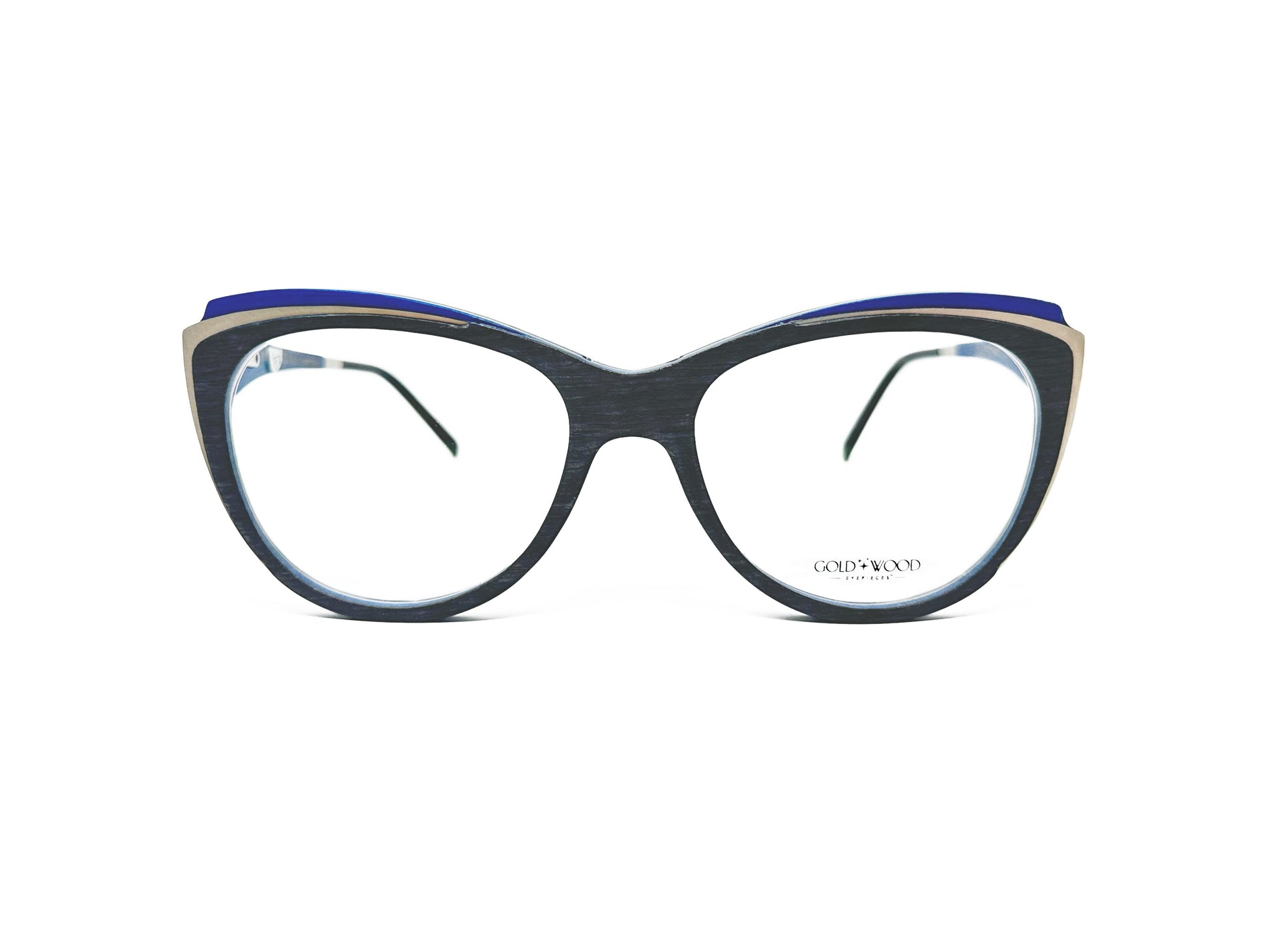 Gold & Wood rounded cat-eye optical frame made from wood with layered accents. Model: Lola. Color: 01.03 - Grey wood with silver and blue accents. Front view. 