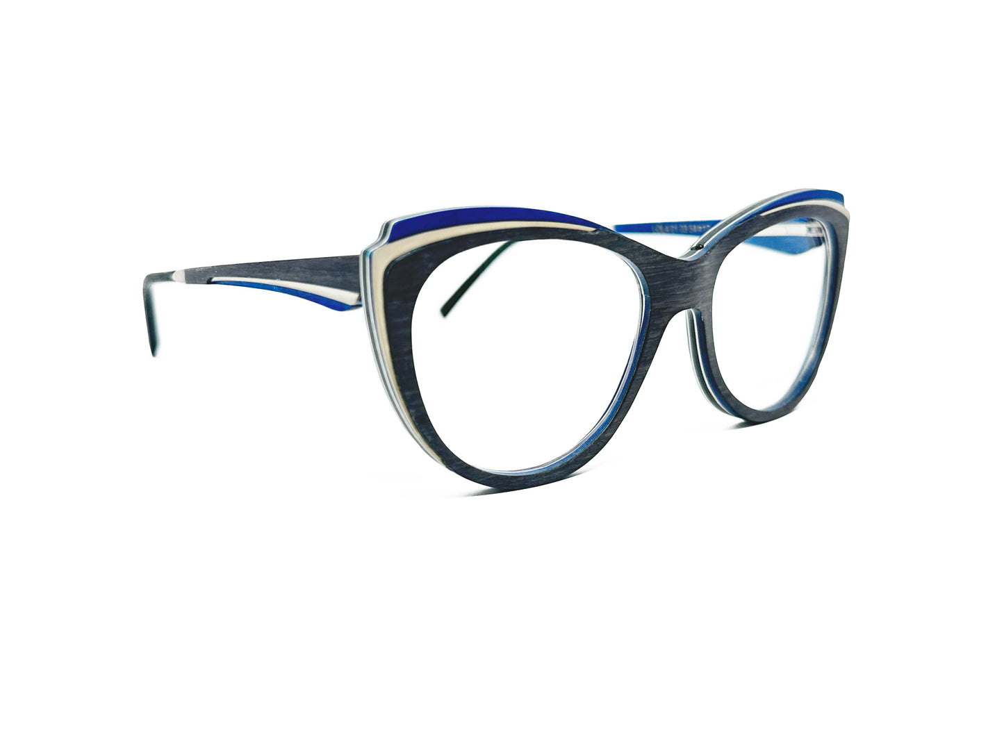 Gold & Wood rounded cat-eye optical frame made from wood with layered accents. Model: Lola. Color: 01.03 - Grey wood with silver and blue accents. Side view.