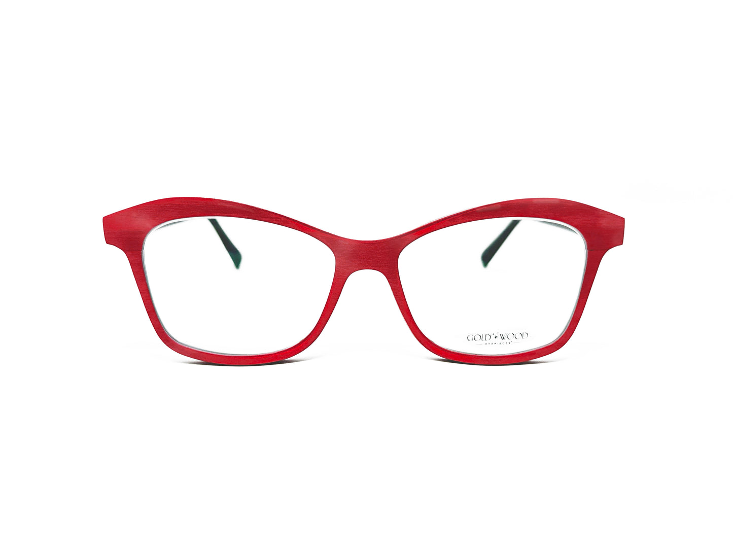 Gold & Wood wooden cat-eye optical frame with curved angles. Model: Melissa. Color: 01.41  - Ruby Red. Front view. 