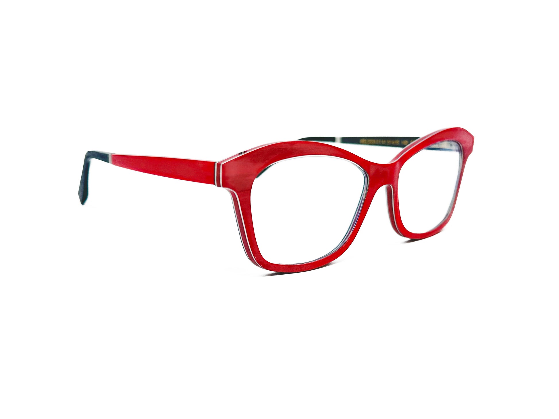 Gold & Wood wooden cat-eye optical frame with curved angles. Model: Melissa. Color: 01.41 - Ruby Red. Side view.