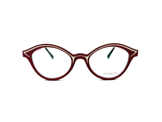 Gold & Wood rounded cat-eye optical frame made out of wood. Model: Mya. Color: Red with cream lining on top of frame. Front view. 