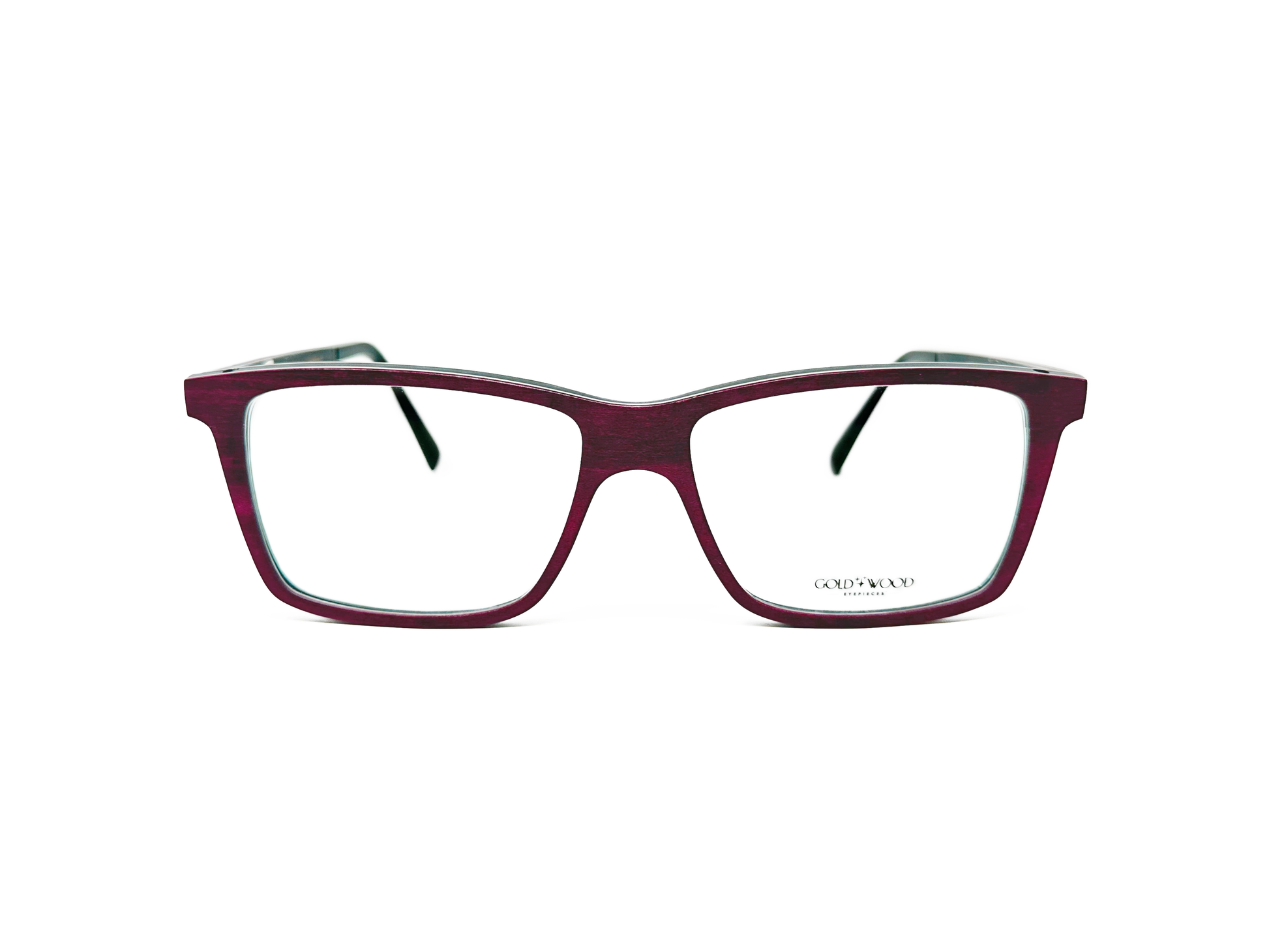 Gold & Wood rectangular, wooden optical frames. Model: Nod. Color: 01.05 - Burgundy. Front view. 