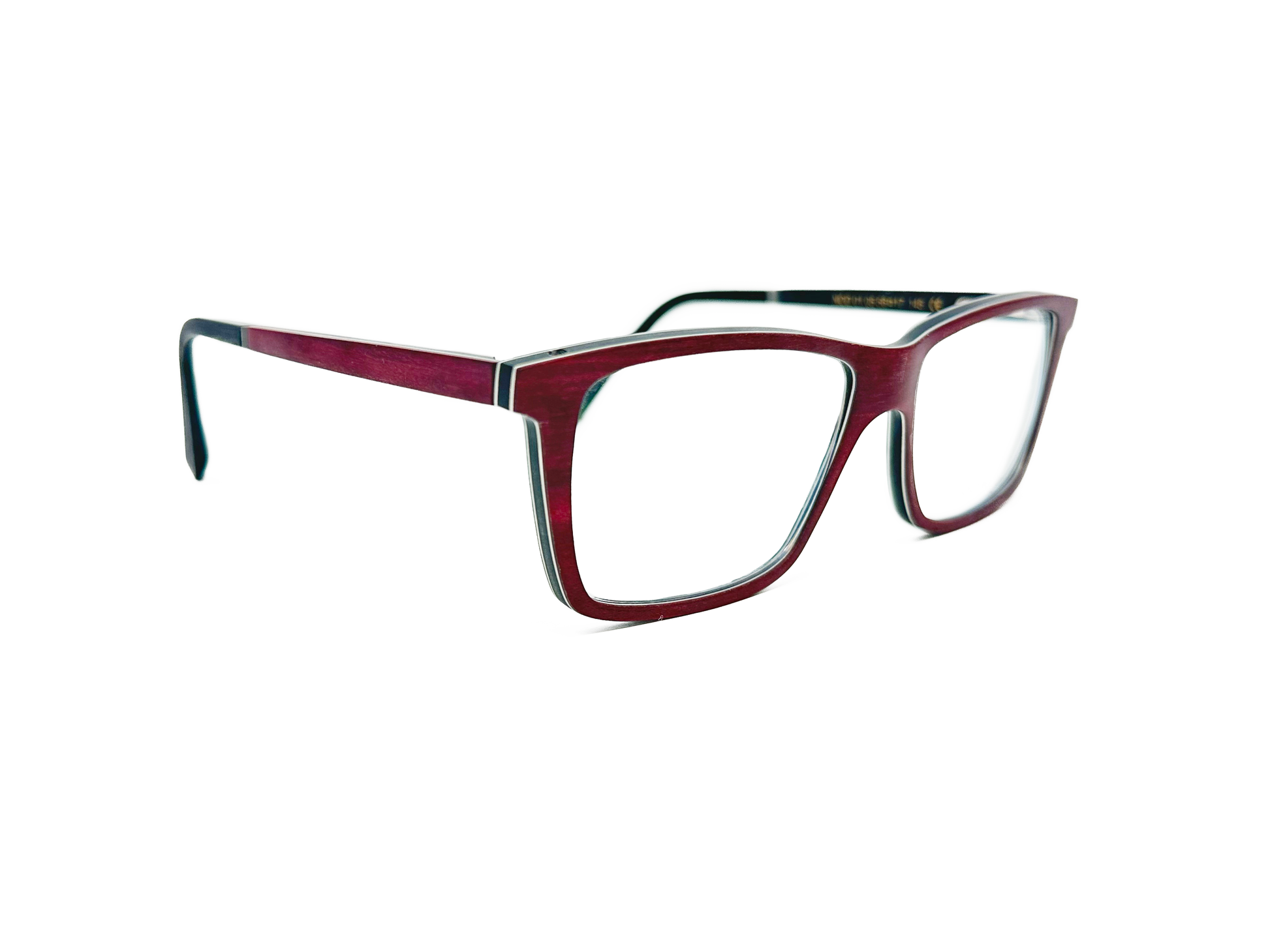 Gold & Wood rectangular, wooden optical frames. Model: Nod. Color: 01.05 - Burgundy. Side view.