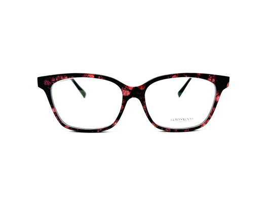 Gold and Wood square optical frames, made from wood. Model: Nora. Color: 01.30 - Red speckles. Front view. 