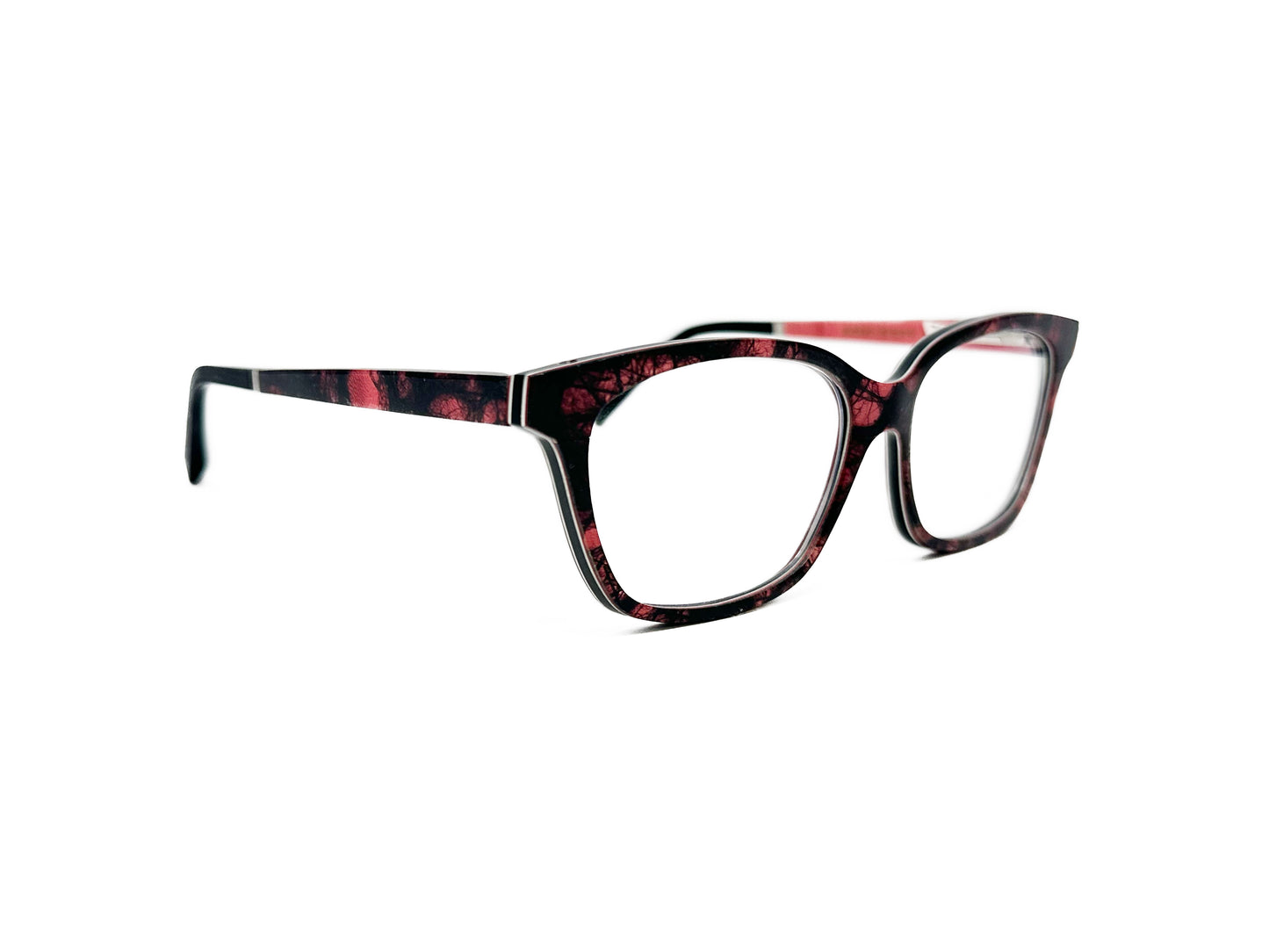 Gold and Wood square optical frames, made from wood. Model: Nora. Color: 01.30 - Red speckles. Side view.